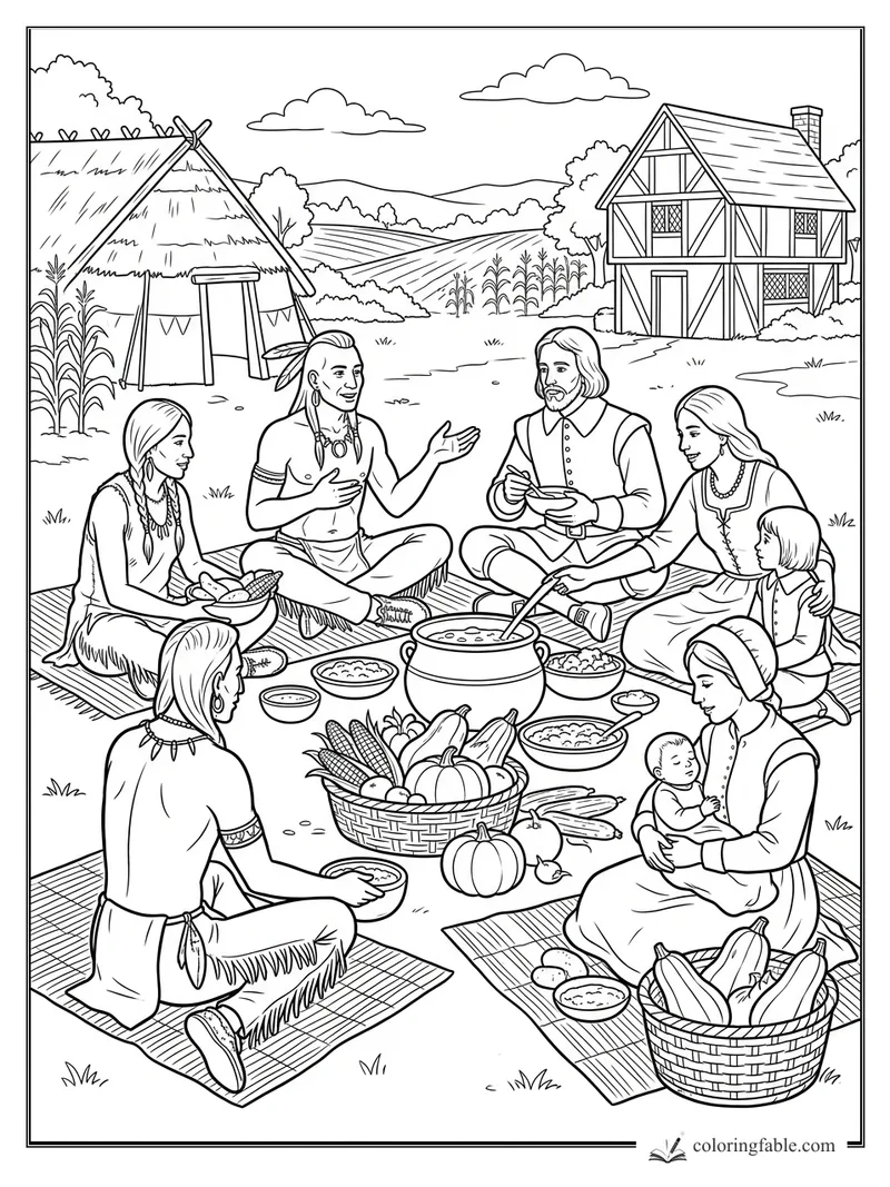 Thanksgiving harvest picnic with Native people, settlers, baskets of corn and squash, and a timber-frame house