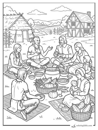 Thanksgiving harvest picnic with Native people, settlers, baskets of corn and squash, and a timber-frame house