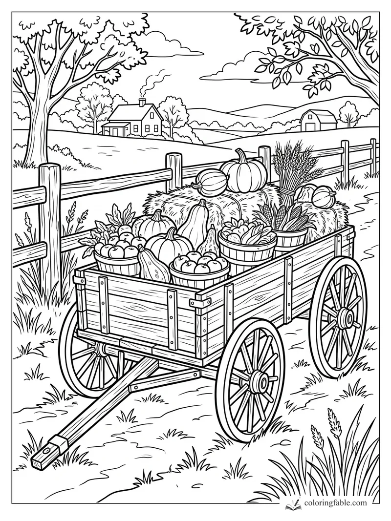 Thanksgiving harvest wagon with pumpkins, baskets, corn, hay bales, fence, farmhouse, and rolling hills