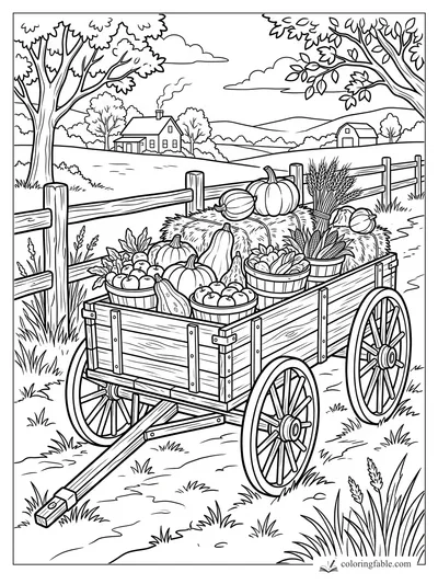 Thanksgiving harvest wagon with pumpkins, baskets, corn, hay bales, fence, farmhouse, and rolling hills