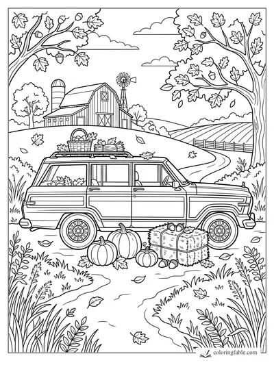 Vintage station wagon with pumpkins, hay bales, fall leaves, barn, windmill, and orchard trees