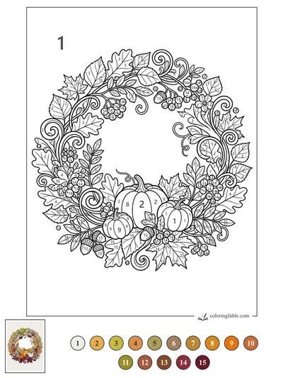 Harvest Wreath with Pumpkins, Acorns, and Berries — color by number