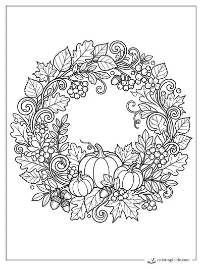 Floral Thanksgiving wreath coloring page with pumpkins, acorns, berries, maple leaves, and curling vines
