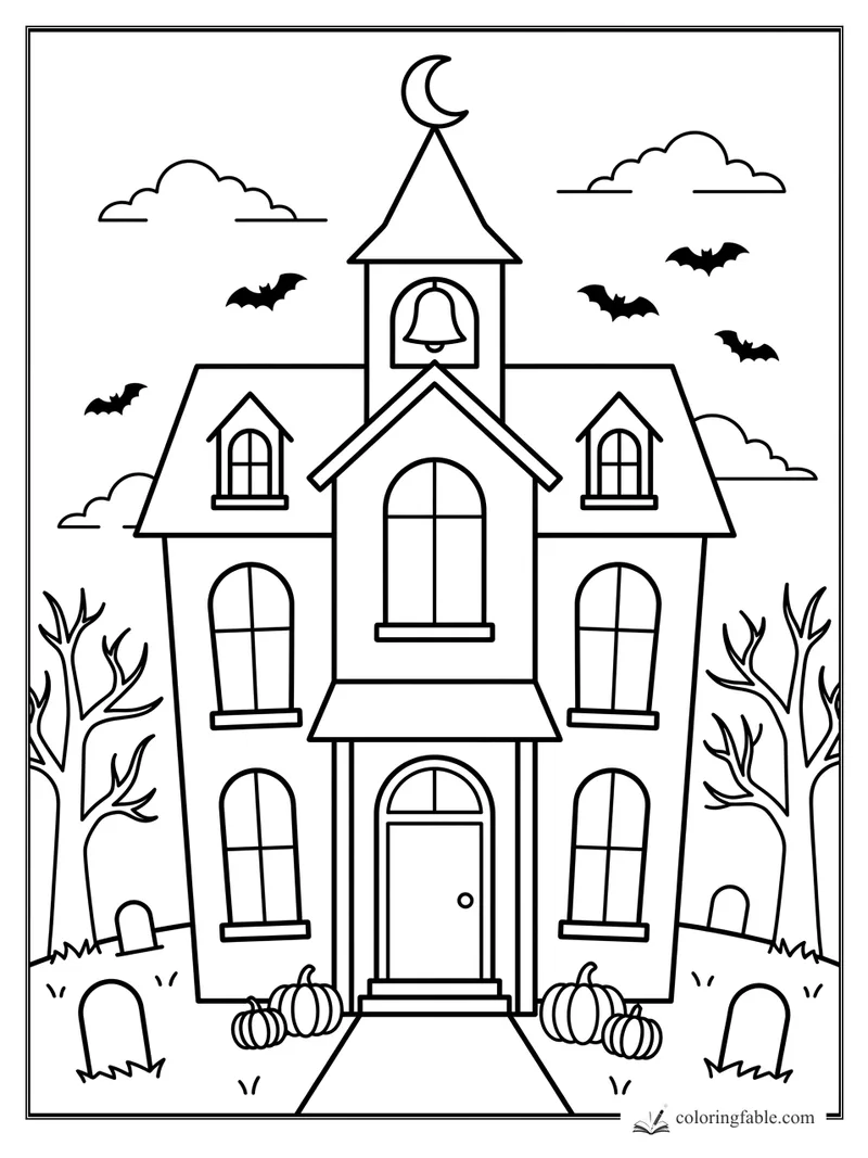 Minimalist haunted house coloring page with bell tower, bats, pumpkins, bare trees, and gravestones