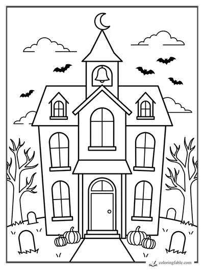 Minimalist haunted house coloring page with bell tower, bats, pumpkins, bare trees, and gravestones