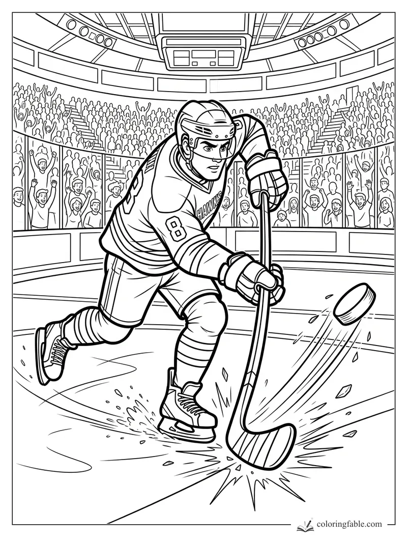 Cartoon hockey player in a Hawks jersey swings at a flying puck before a packed arena crowd.