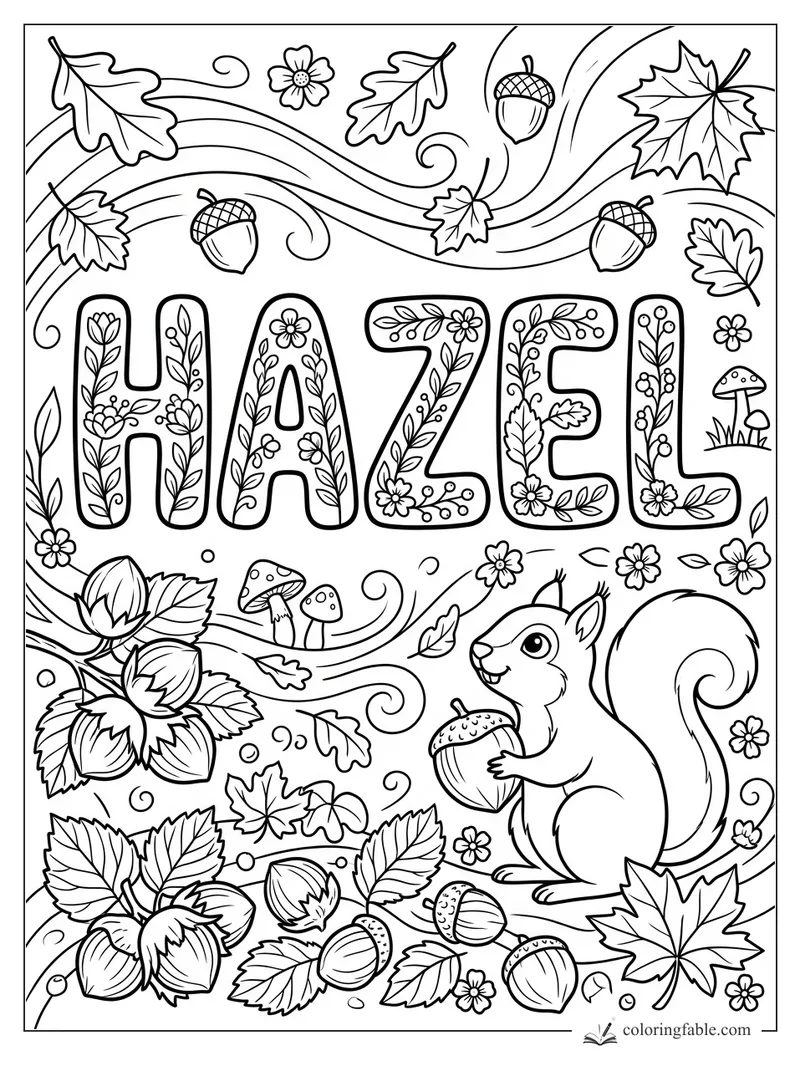 Hazel name coloring page with floral letters, acorns, autumn leaves, mushrooms, and a squirrel.
