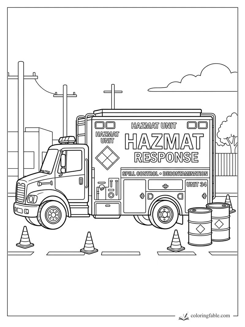 Hazmat response truck with cones, barrels, utility poles, and spill control markings