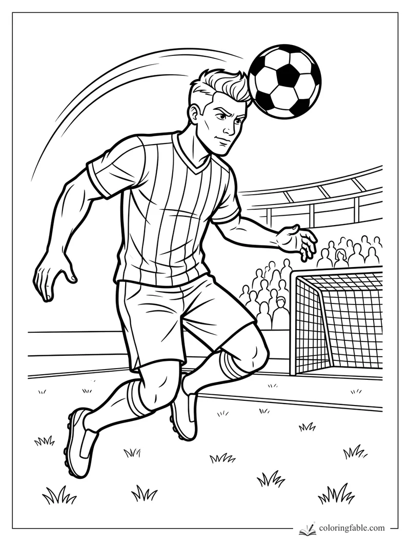 Cartoon soccer player heading a ball toward the goal in a packed stadium