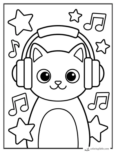 Cute cat wearing big headphones, surrounded by stars and music notes in sticker style.