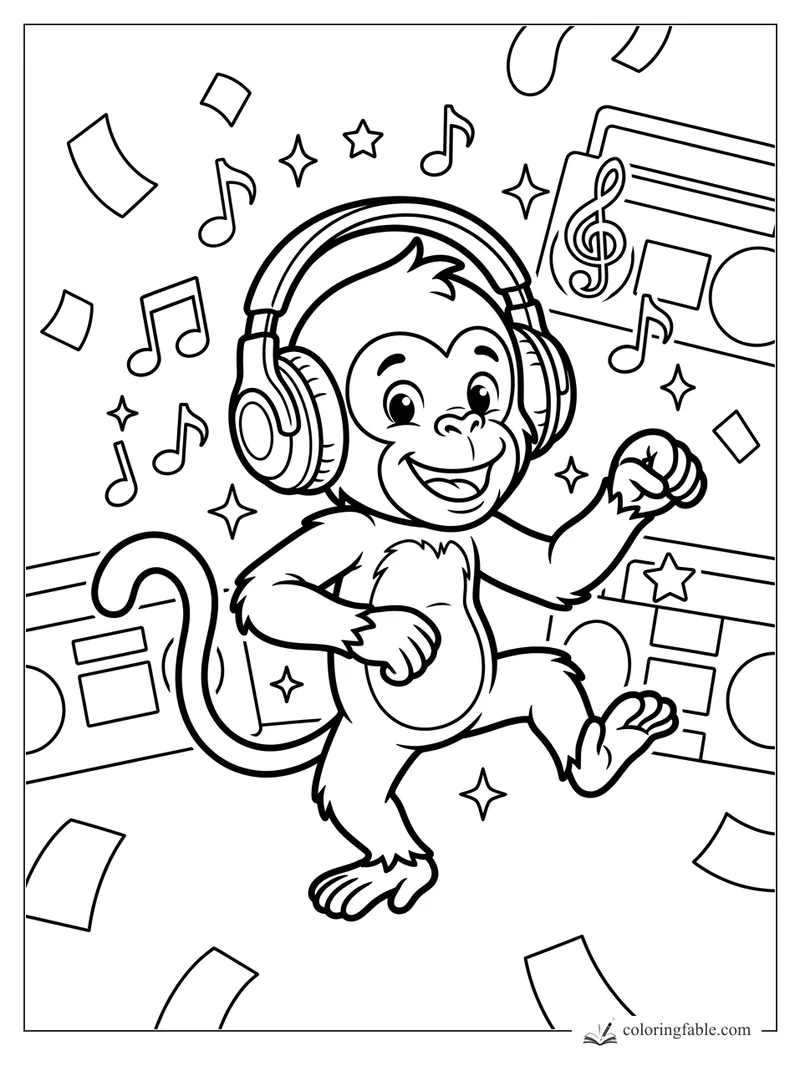Smiling monkey in big headphones dancing among music notes, stars, and floating sheet music stickers