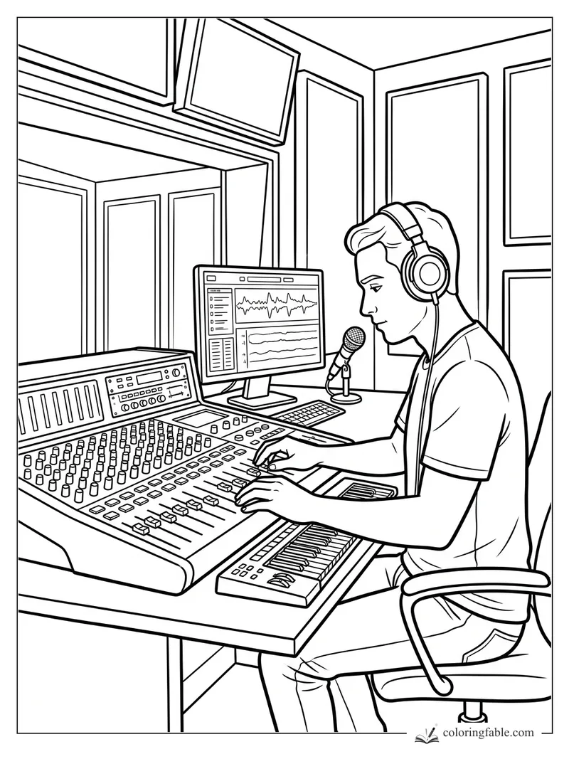 Young producer wearing headphones adjusts a studio mixing board beside a microphone and waveform screen.