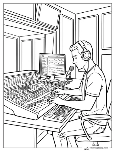 Young producer wearing headphones adjusts a studio mixing board beside a microphone and waveform screen.