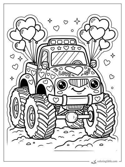 Smiling monster truck with heart balloons, love decals, huge tires, stars, and hearts in sticker style.