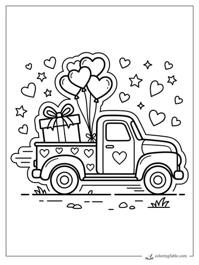Pickup truck with heart balloons, a wrapped gift, stars, and heart stickers in the truck bed.