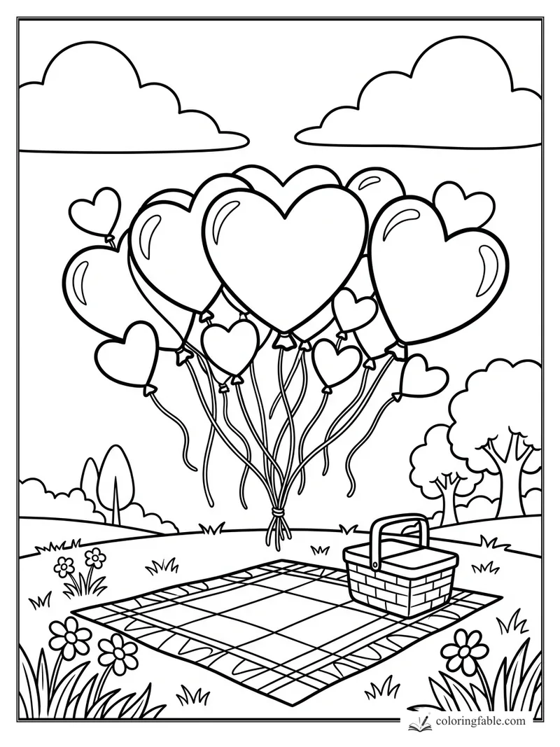 Heart-shaped balloons tied above a picnic blanket and basket in a sunny park scene