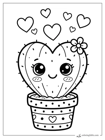 Kawaii heart-shaped cactus in a dotted pot with a flower, blush cheeks, and floating hearts.