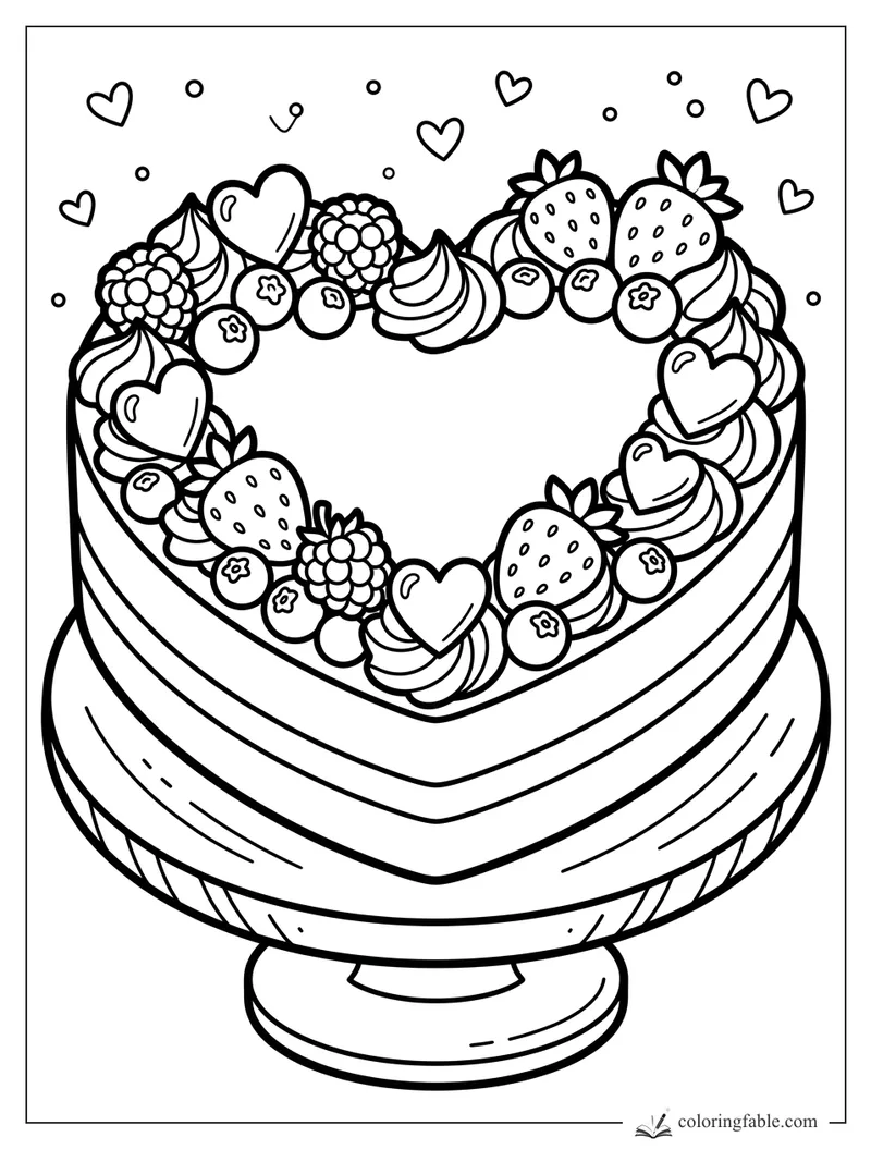 Kawaii heart-shaped cake on a stand with strawberries, blueberries, cream swirls, and floating hearts.
