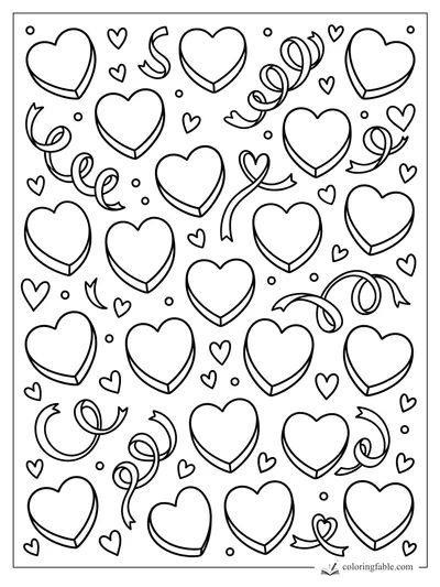 Heart-shaped candies, tiny hearts, dots, and curling ribbon candies in a repeating pattern