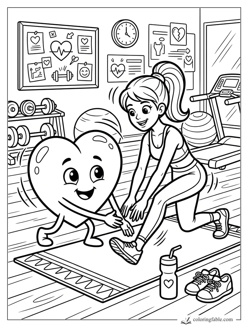 Cartoon heart helping a smiling girl stretch in a gym with weights, treadmill, clock, and heart posters