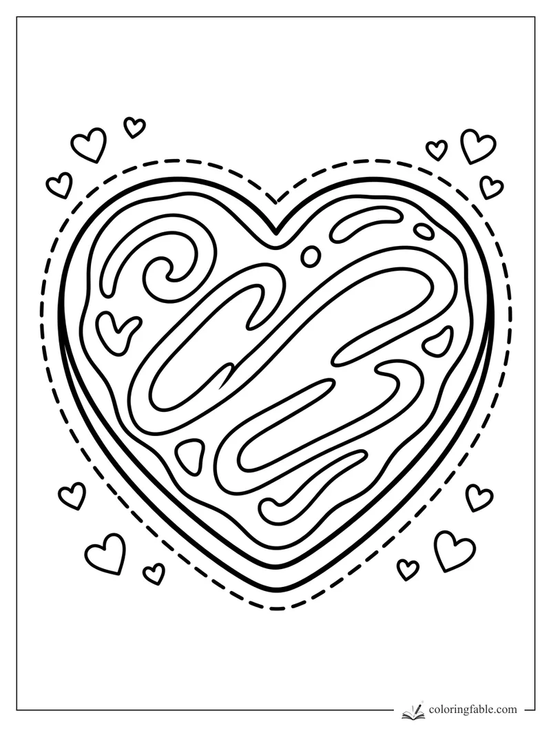 Heart-shaped cookie sticker with swirly icing, dotted border, and small hearts