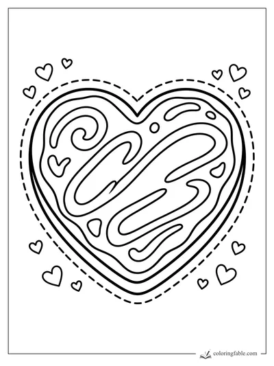 Heart-shaped cookie sticker with swirly icing, dotted border, and small hearts