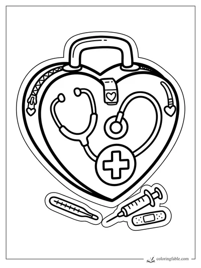 Heart-shaped doctor bag sticker with stethoscope, medical cross, thermometer, syringe, and bandage