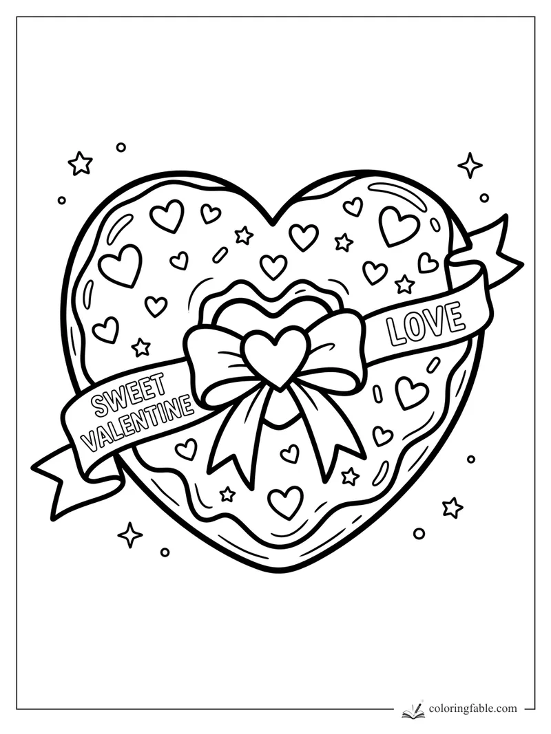 Heart-shaped Valentine donut with bow, hearts, stars, and ribbon reading Sweet Valentine Love