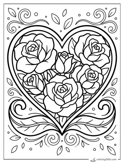 Bold heart-shaped frame filled with six roses, leaves, swirls, and dots for easy coloring