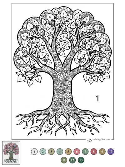 Heart-Leaf Family Tree with Zentangle Roots — color by number