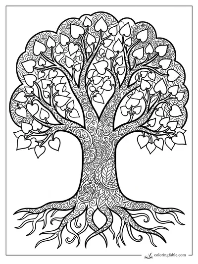 Intricate zentangle family tree with heart-shaped leaves, patterned trunk, curling branches, and exposed roots