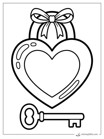 Bold heart-shaped lock with a ribbon bow and a simple key below it