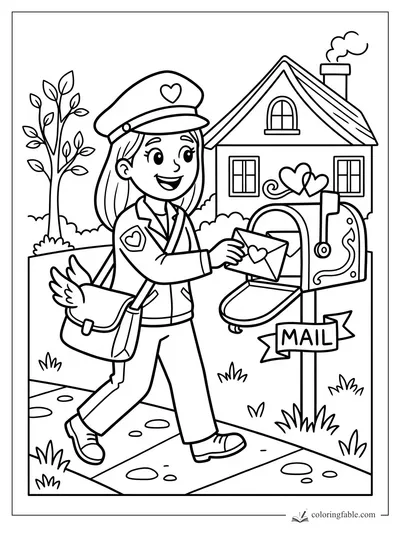 Smiling mail carrier delivering a heart envelope to a decorated mailbox outside a house.