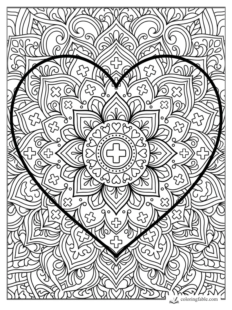 Intricate heart mandala with a bold heart outline, layered petals, tiny hearts, dots, and cross motifs.