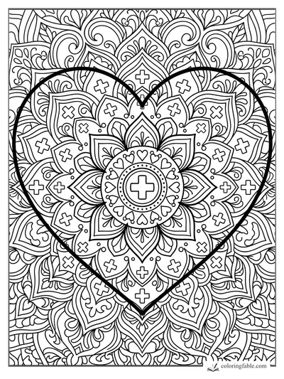 Intricate heart mandala with a bold heart outline, layered petals, tiny hearts, dots, and cross motifs.