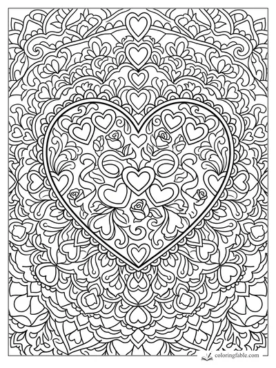 Heart mandala coloring page with roses, layered hearts, petals, vines, and swirling paisley details.