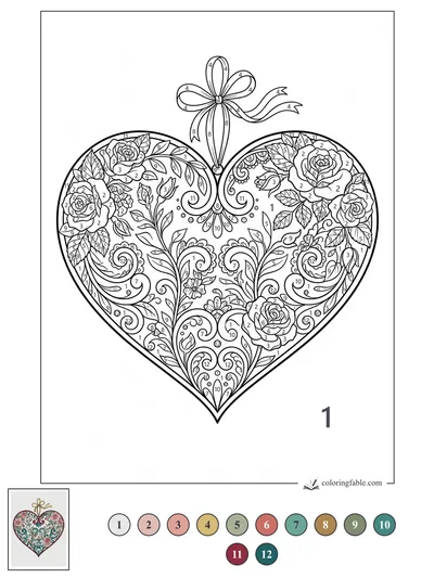 Heart Ornament with Roses and Bow — color by number