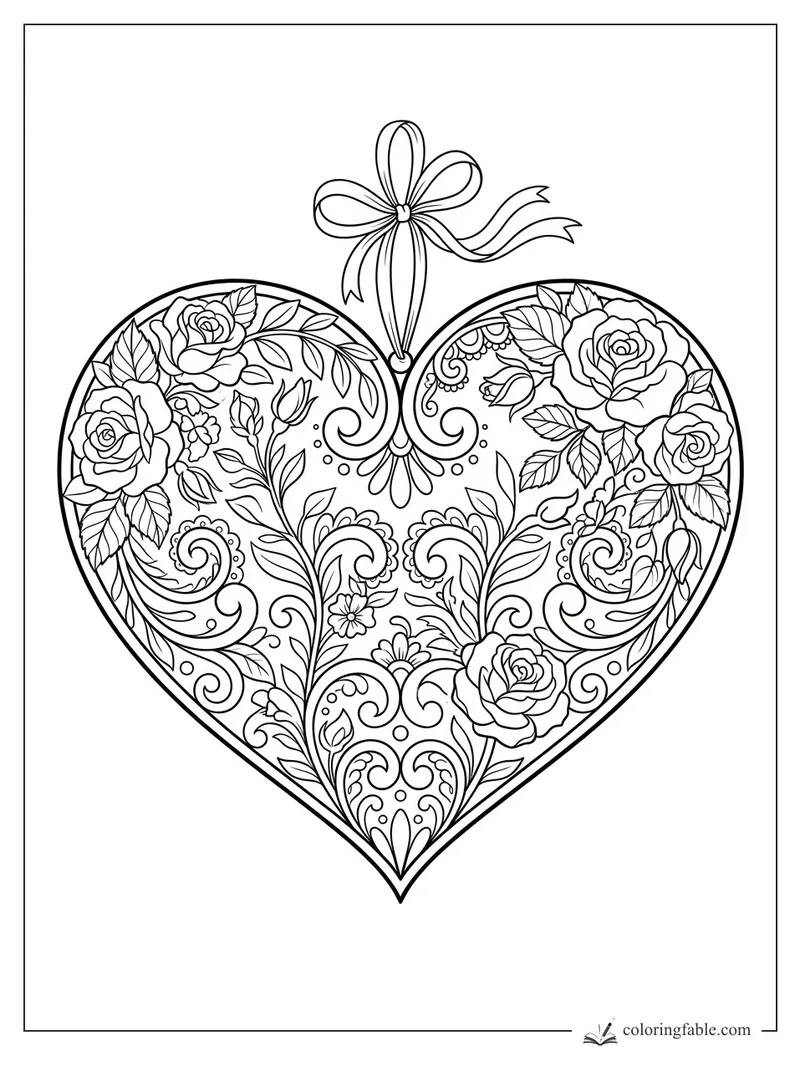 Intricate heart ornament coloring page with roses, leafy vines, paisley curls, and a ribbon bow.