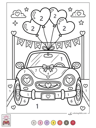 Heart Parade Sports Car with Balloons — color by number