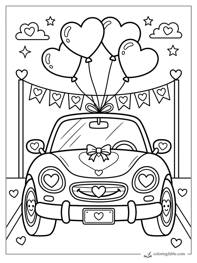 Cartoon sports car decorated with heart balloons, bunting, bow, heart headlights, and smiling tires.