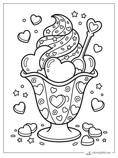 Cartoon sundae in a tall cup with heart candies, star sprinkles, cherries, and a heart-topped spoon wand