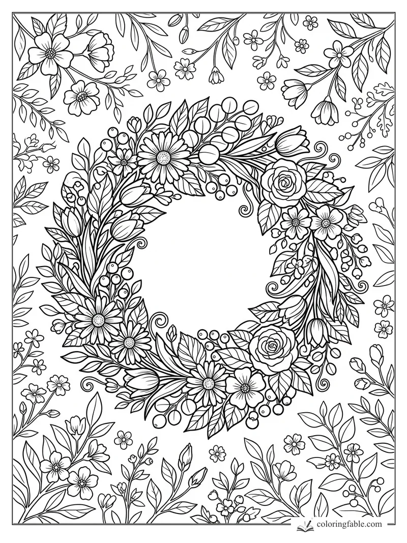 Floral heart wreath with roses, daisies, tulips, berries, curling vines, and leafy border to color