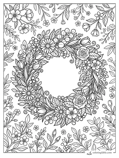 Floral heart wreath with roses, daisies, tulips, berries, curling vines, and leafy border to color