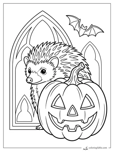 Gothic hedgehog coloring page with a smiling jack-o’-lantern, pointed arches, and a flying bat.