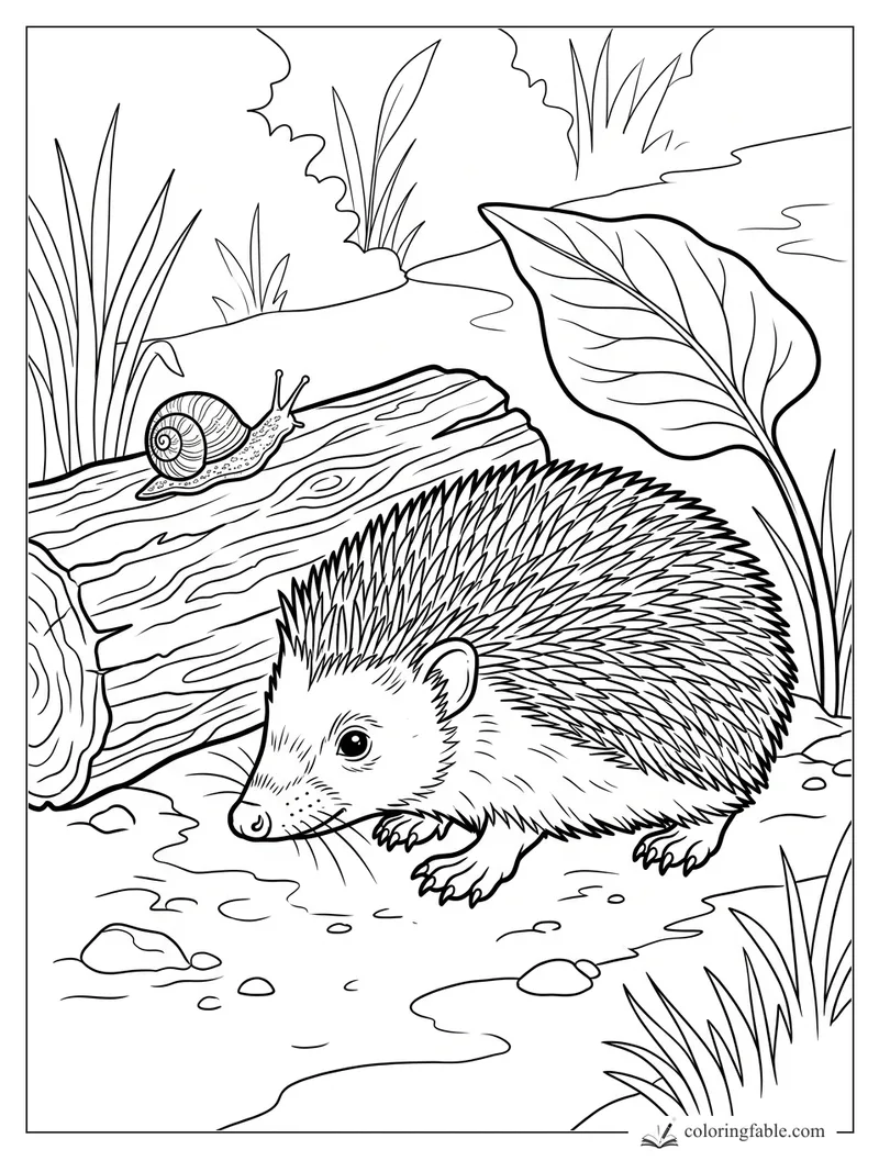 Realistic hedgehog near a fallen log with a snail, broad leaf, grasses, pebbles, and detailed quills.