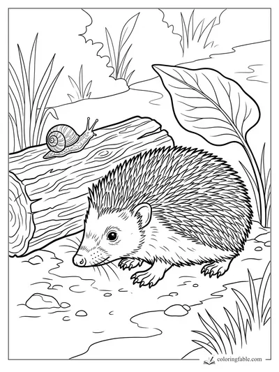 Realistic hedgehog near a fallen log with a snail, broad leaf, grasses, pebbles, and detailed quills.