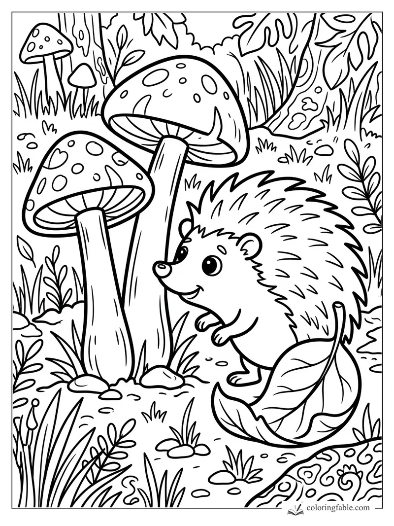 Smiling hedgehog under tall spotted mushrooms in a leafy forest coloring page