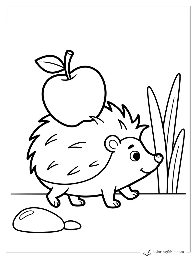 Easy hedgehog coloring page with a big apple on its back, tall grass, and two smooth stones.