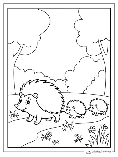 Cartoon hedgehog family walking along a curving forest path with trees, grass, and flowers