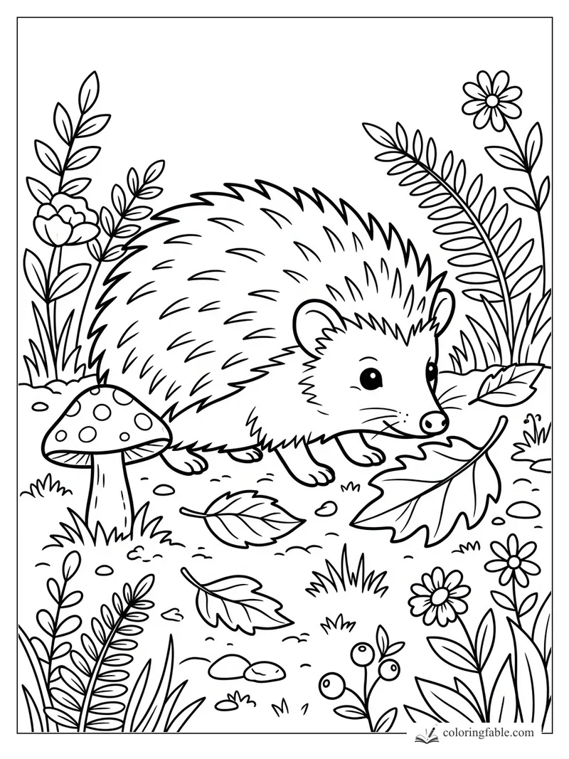 Hedgehog sniffing a large leaf among mushrooms, ferns, flowers, berries, stones, and grass.